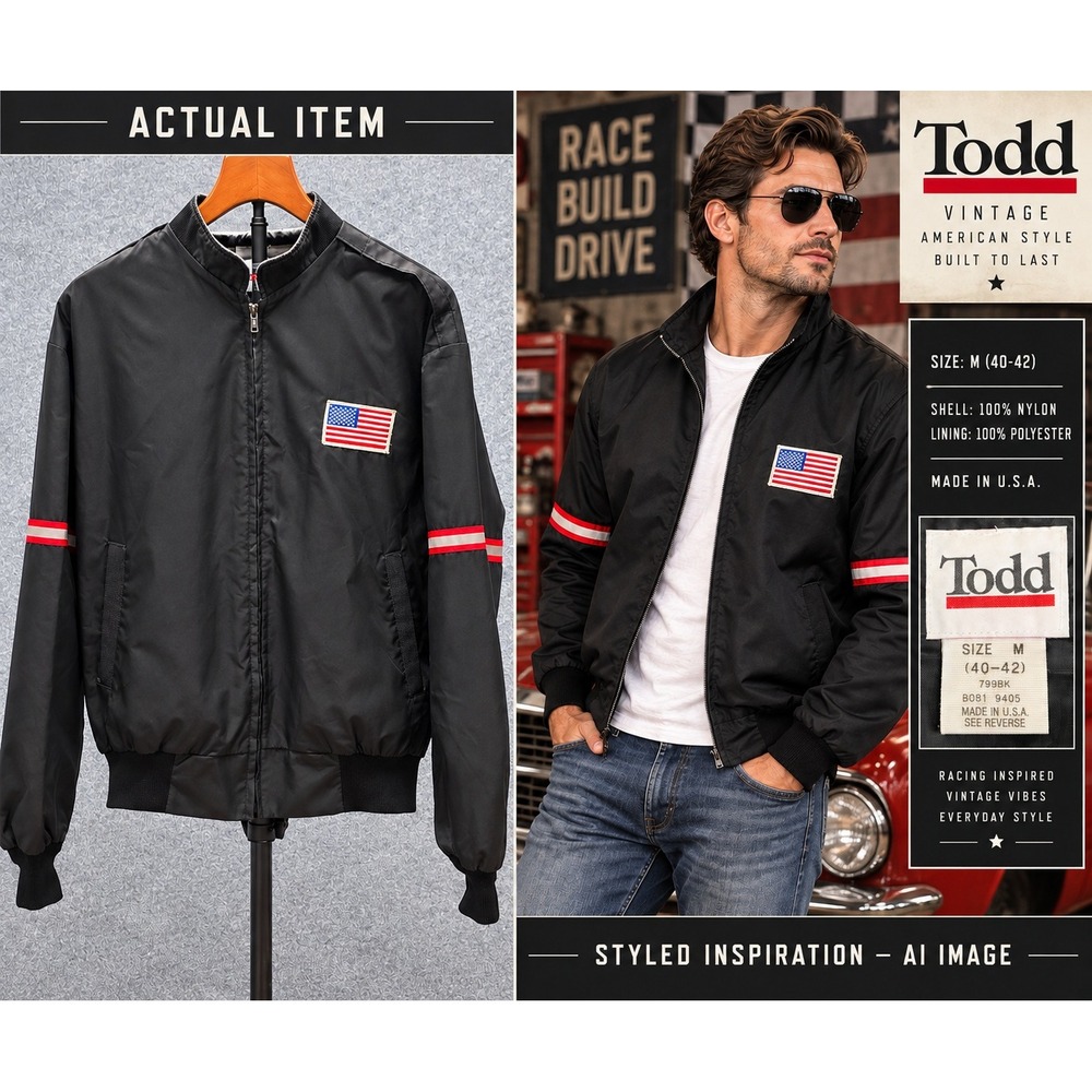 Todd Racing Jacket Mens Vintage Style USA Flag Patch Black M Excellent Americana